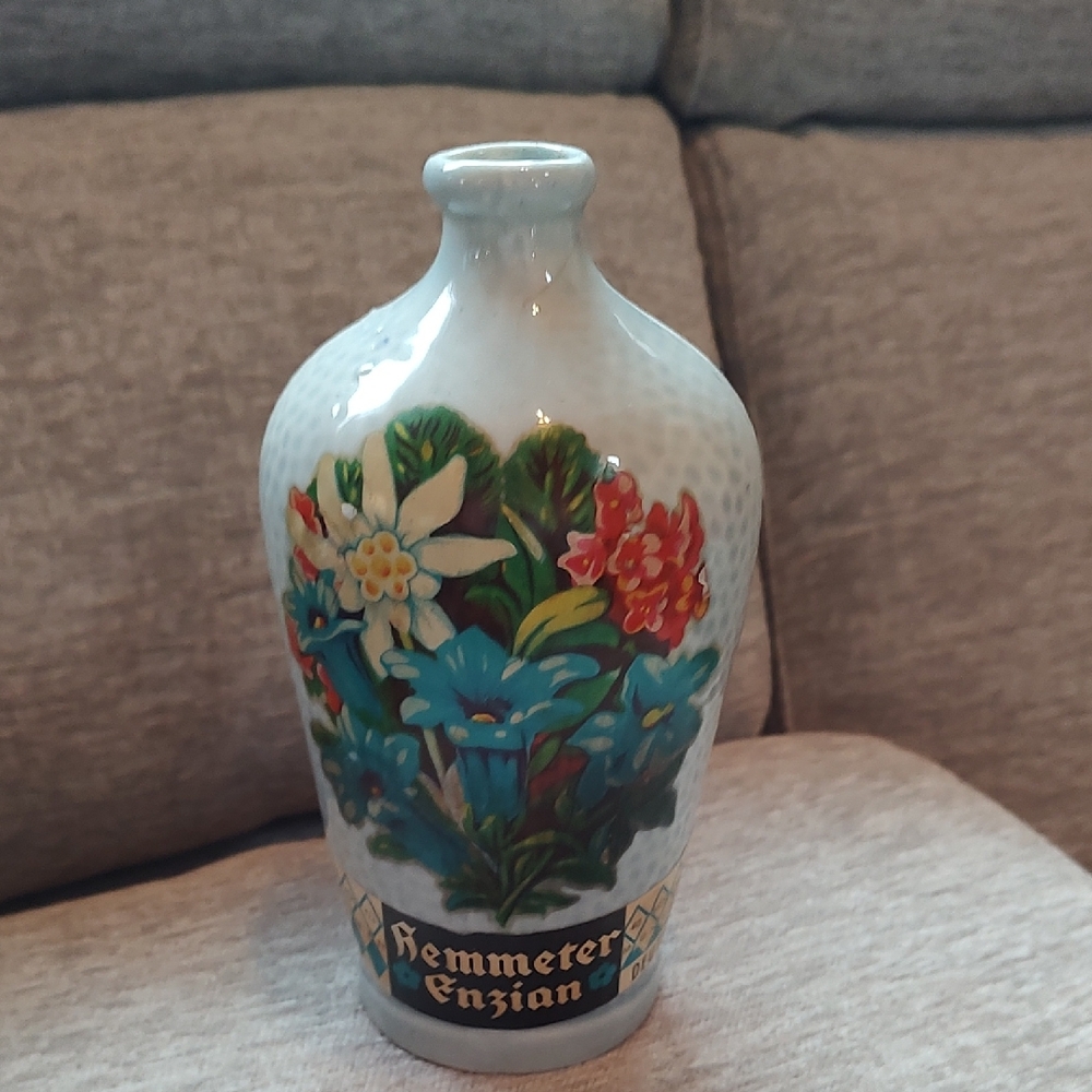 German Dimpled Ceramic Bottle Jug. Pretty Floral Transfer Pattern